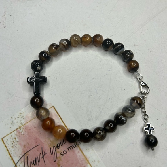 Brown Agate Bracelet with Black Cross - Picture 3 of 3